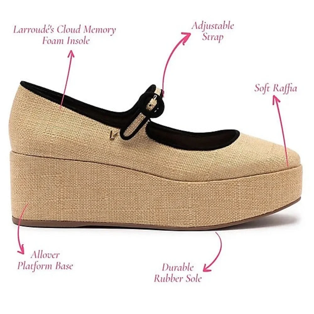 Larroude | Blair Platform Mary Jane Shoes In Raffia Beige Black Size 6.5 NEW